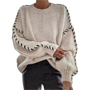 Women's Khaki Oversized Stitching Long Sleeve Crew Neck Baggy Knit Sweaters